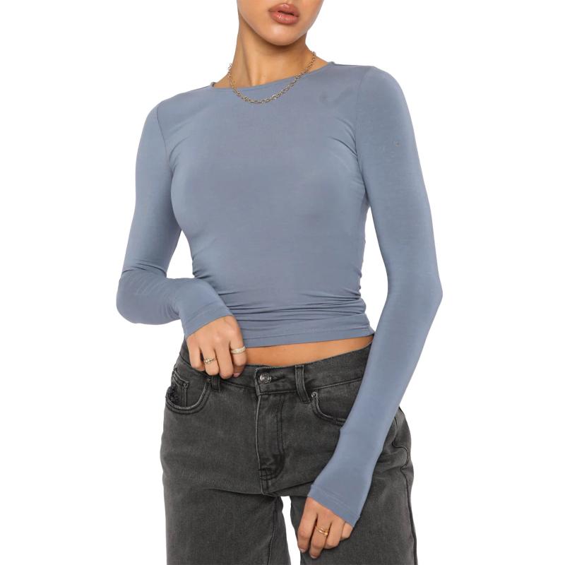 Women's Versatile Irregular Slim-fit Bottoming Top T-shirt Round Neck Solid Color Slim-fit Long Sleeves