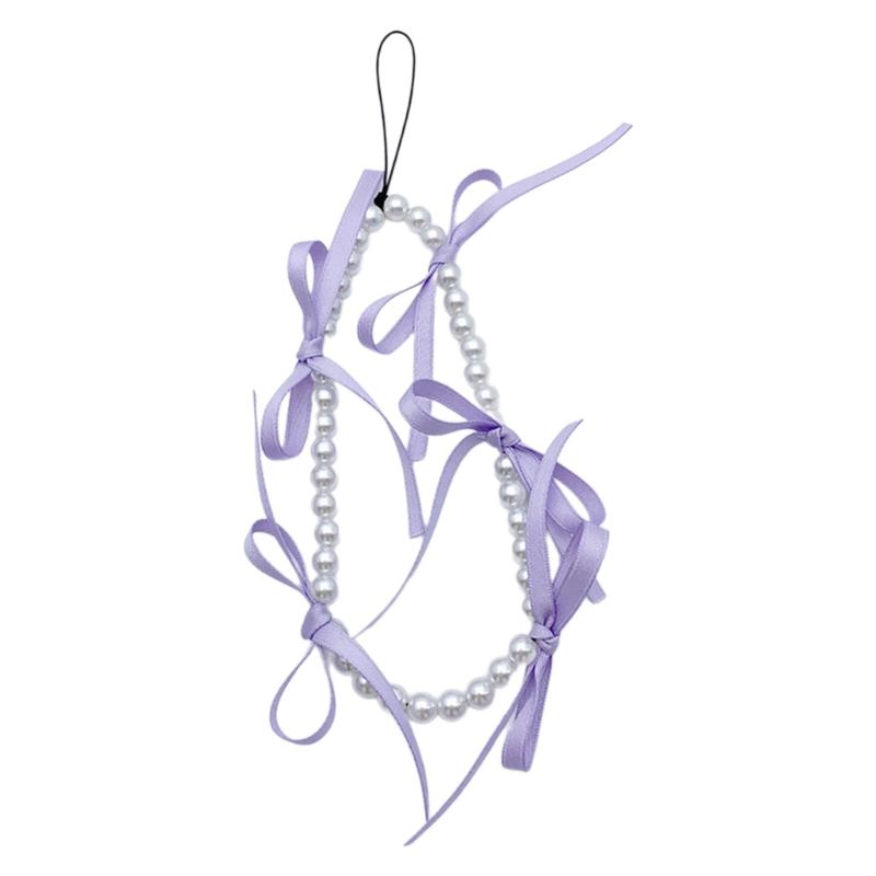 

Sweet Ribbon Bowknot Charm Anti-lost Strap Pocket Keychain Strap Lanyard Hanging Decoration Pearl Beaded Phone Chains фиолетовый