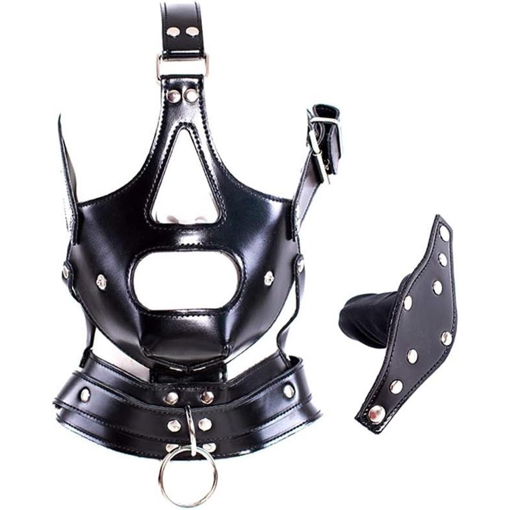 Leather Bondage Pussy with Detachable Silicone Dildo Mouth Gag Adjustable Head Harness  Fetish Dog Slave Female Restraints