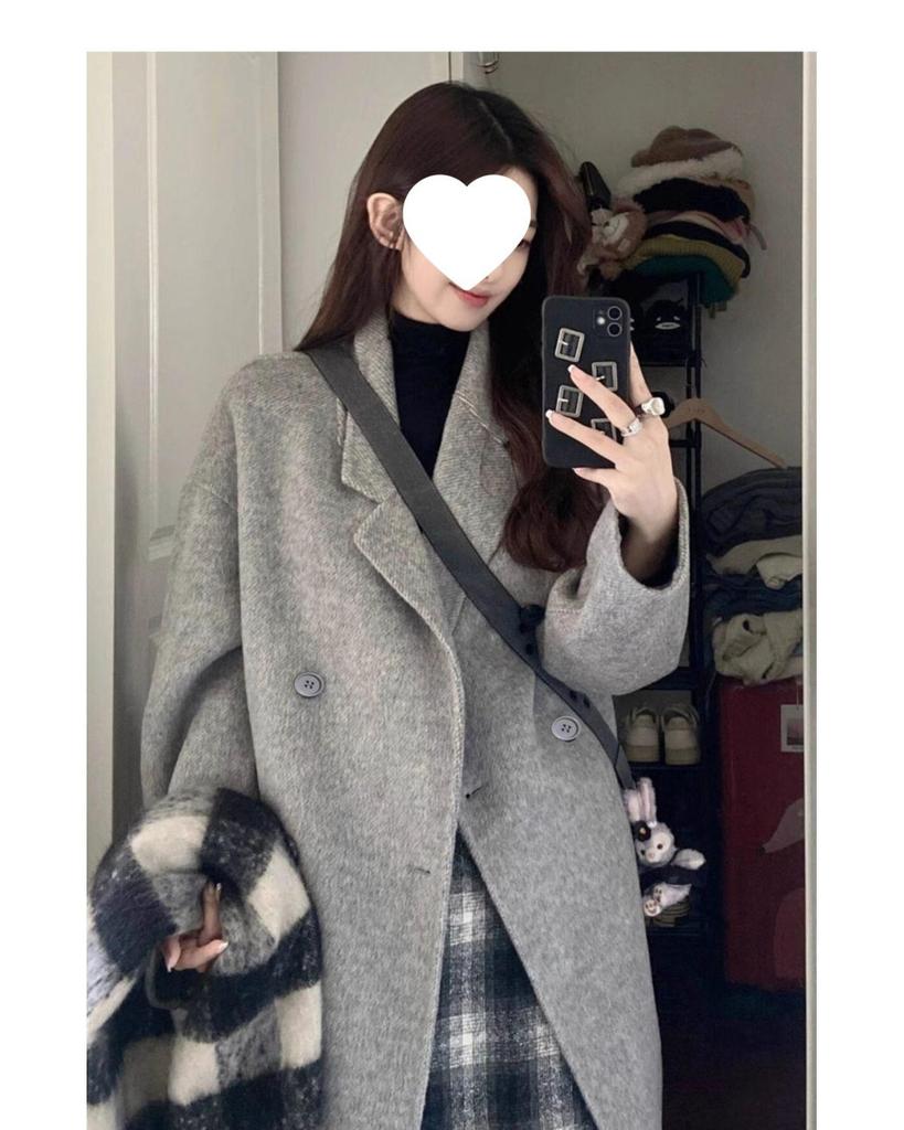 Oatmeal Woolen Coat - Women's Loose Mid-Length Korean Style Outerwear for Fall/Winter 2025