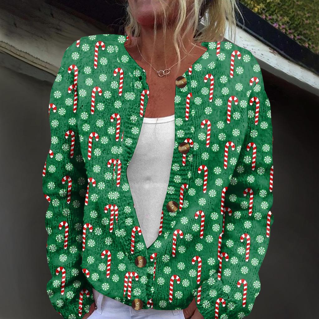 Women's Fashion Christmas Print Long Sleeve Knitted Cardigan Button Jacket