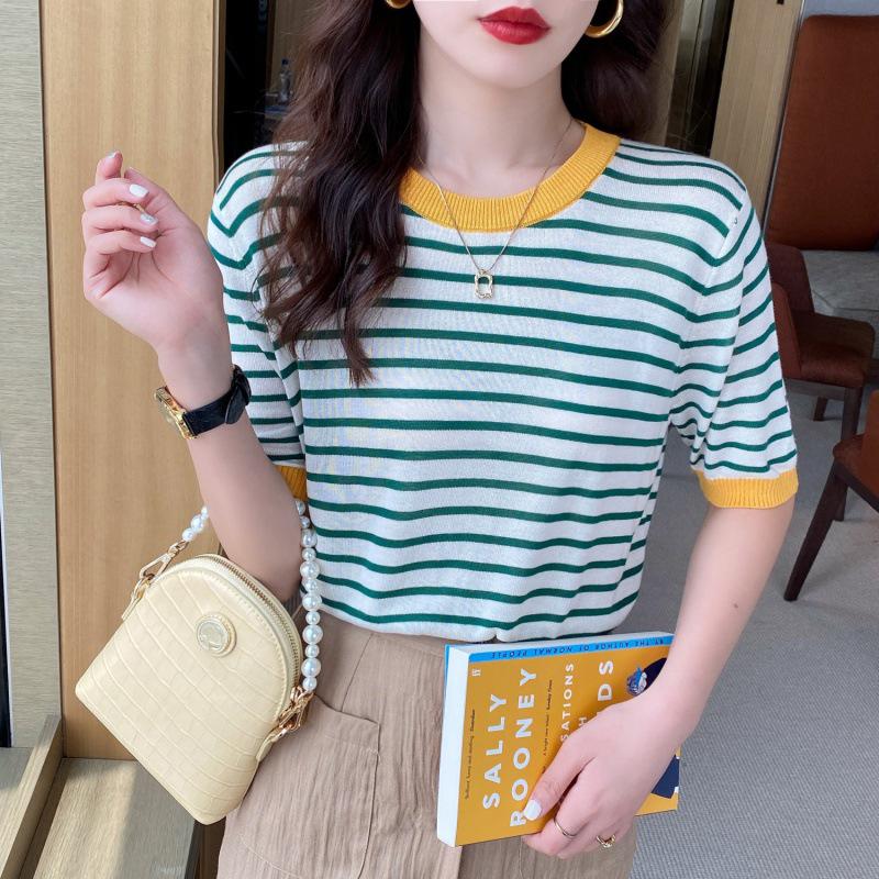Ice Silk Women's Striped T-shirt, Short Sleeve, Plus Size, Korean Style, 2026 Summer Collection