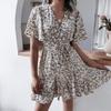 Women's Summser Short Sleeve V Neck Floral Ruffled Pleated Dress A Line Chic Printed