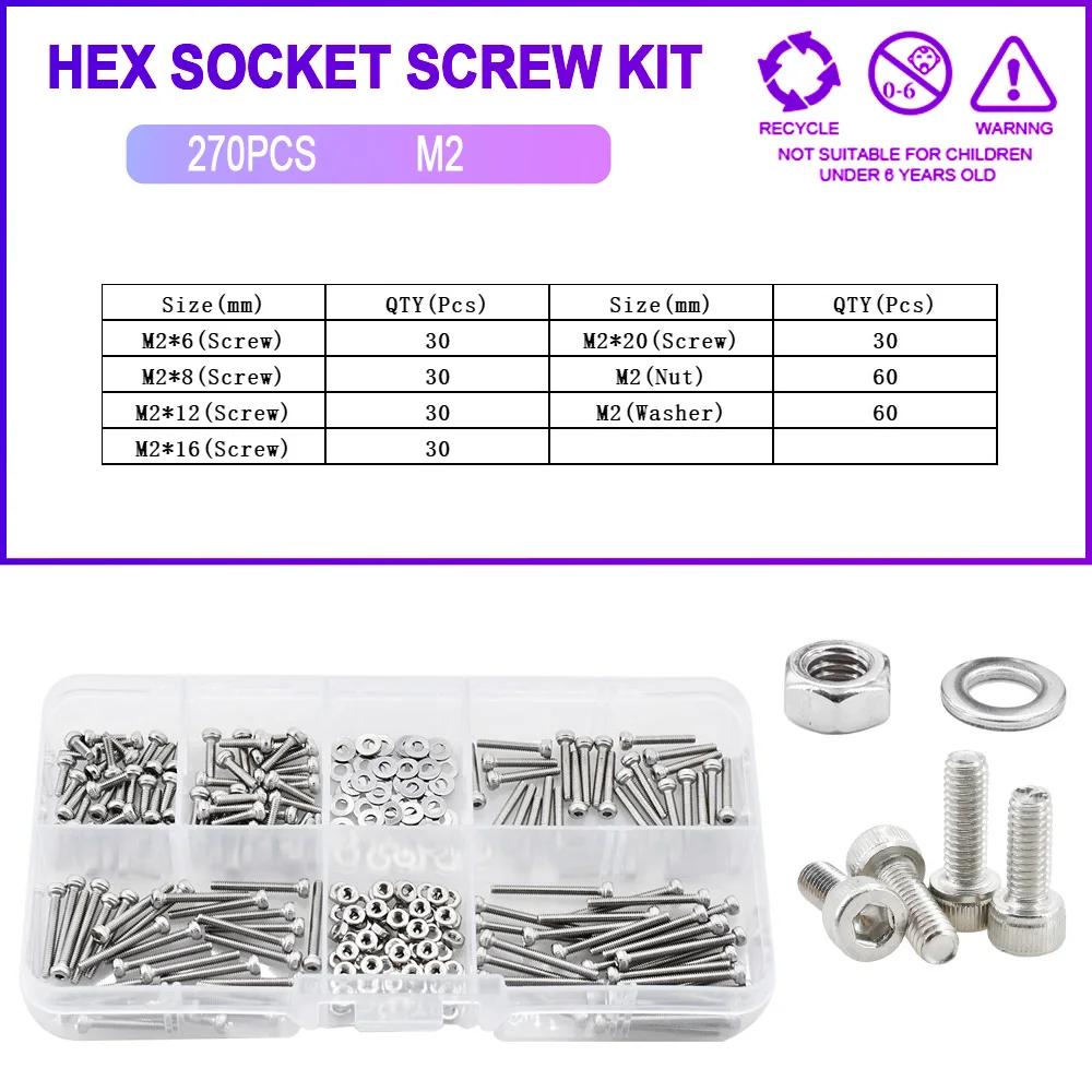 304 Stainless Steel Hex Socket Screw Bolt Nut Washer Set M2 M3 M4 M5 M6 Metric Thread Metal Machine Screws Gasket Assortment Kit