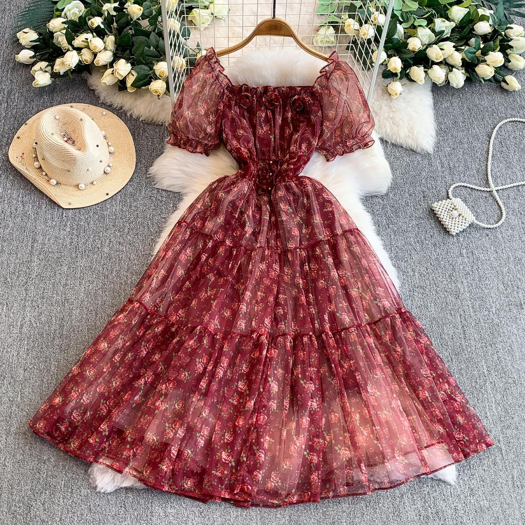 French princess sweet floral square neck bubble sleeve dress women's autumn and winter waist thin lotus leaf edge big swing dress