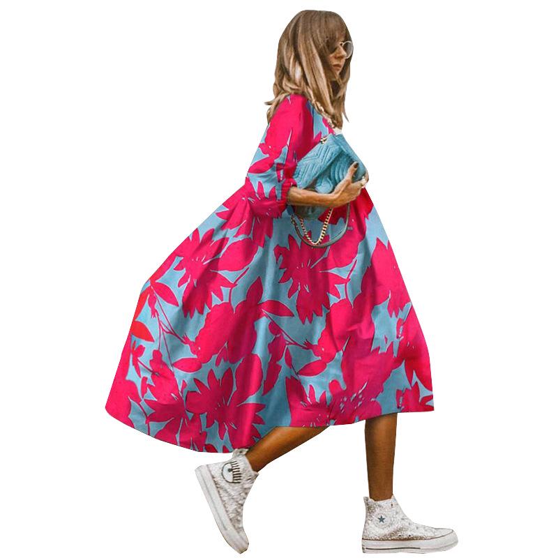 2025 Sommer Damen Rundhals Dreiviertelärmel Grau Leopardenmuster Loses Strandkleid