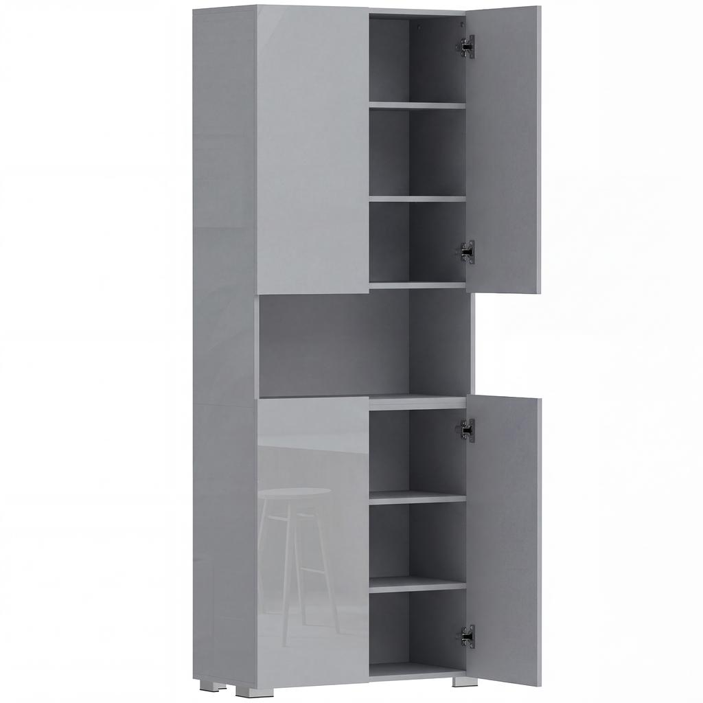 Armadio da Cucina Alto 180 cm, Dispensa con Ante a Chiusura Morbida e Ripiani Regolabili, Grigio Lucido