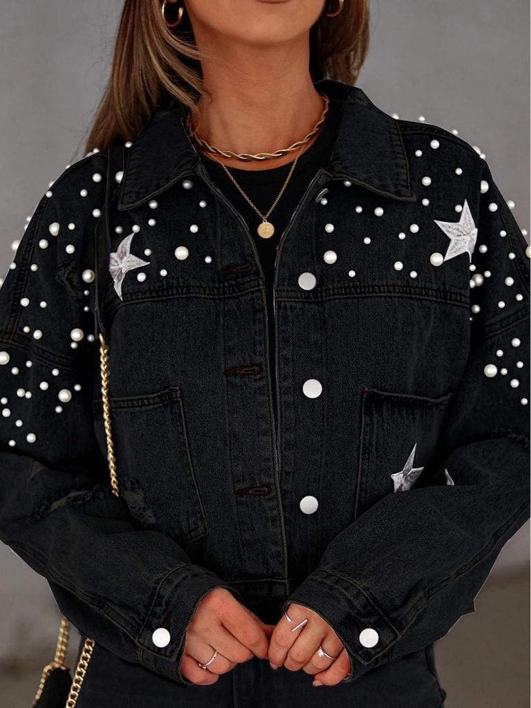 Beaded Embroidered Ripped Denim Jacket - European & American Style, Loose Women's Coat