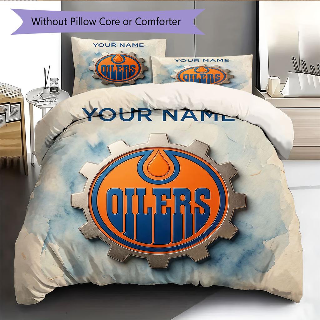 Custom Name,Edmonton Oilers Pattern Bedding Home Decoration Birthday Gift ( 1 Duvet Cover + 2 Pillowcase, Without Core),fan Merchandise.
