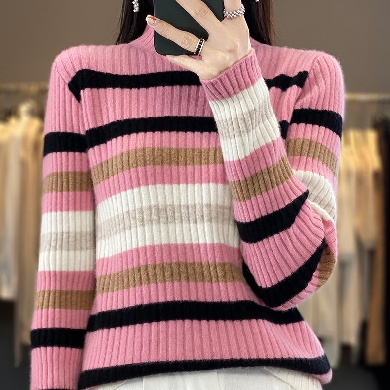 Pull Haut Col Rayé en Cachemire Tricoté pour Femme - Amincissant, Coupe Ample pour l'Automne et l'Hiver