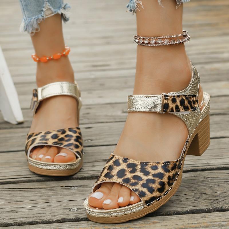 

One-word sandals large size summer thick heel one-word belt fashion European and American high heel Velcro sandals women 43 леопардовый