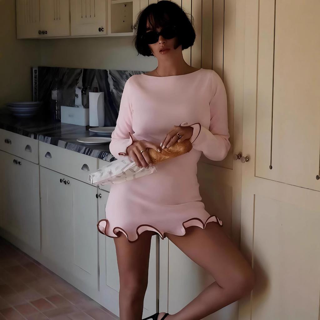 New Knitted Ruffle High Waist Mini Dress Women's Sexy Slim Long Sleeve Short Skirt Bodycon Dress Fall Luxury Crochet Clothes