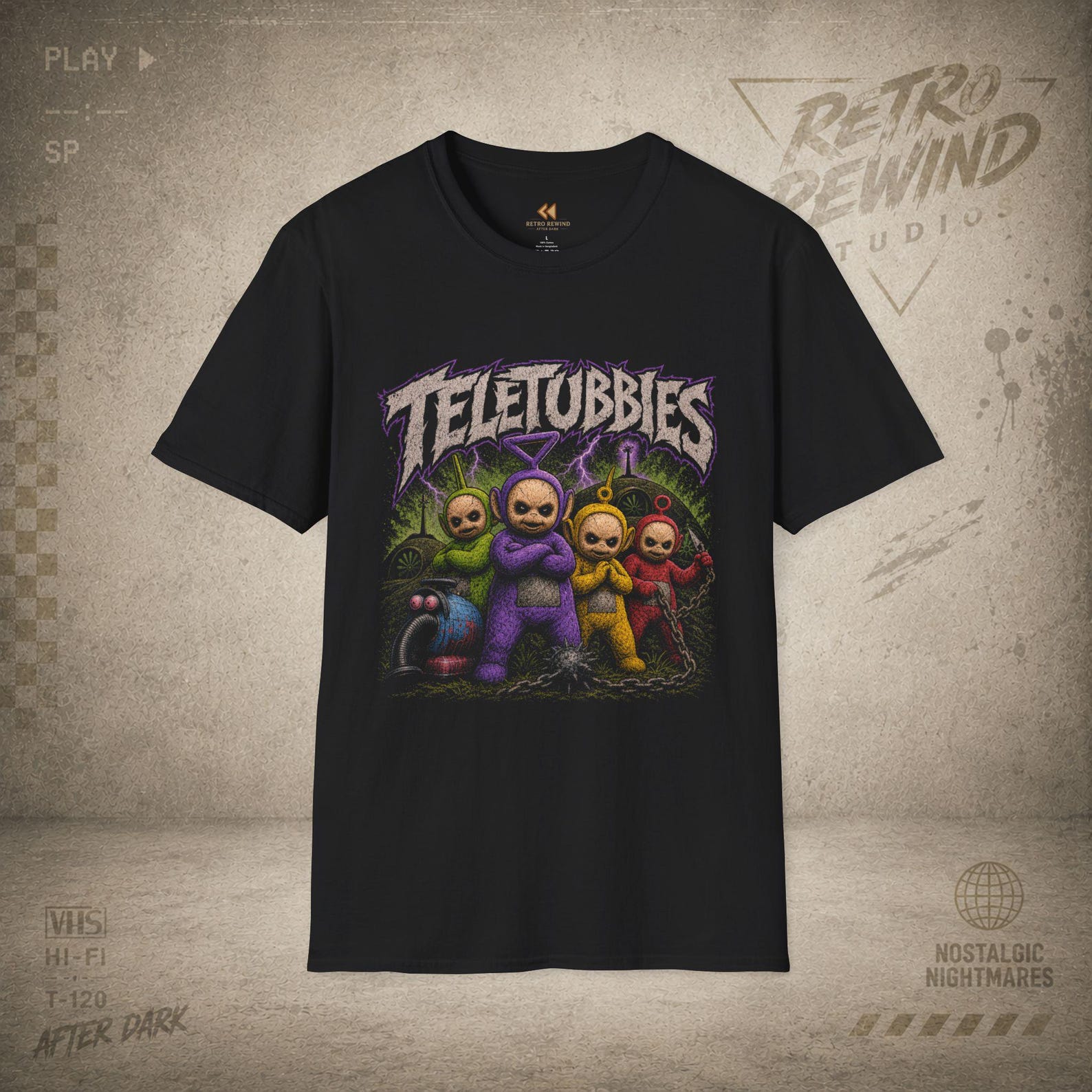 Teletubbies Horror T-Shirt | Cursed Childhood Nostalgia Tee | RetroRewind After Dark 2XL