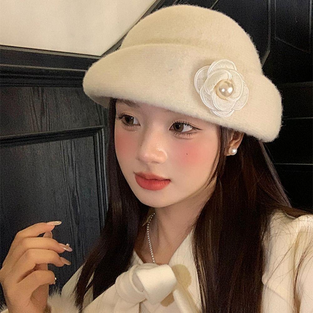 Camellia Flower Hepburn Style Topper Hat Bow Women Formal Hat Retro Wool Fisherman Hat  Travel