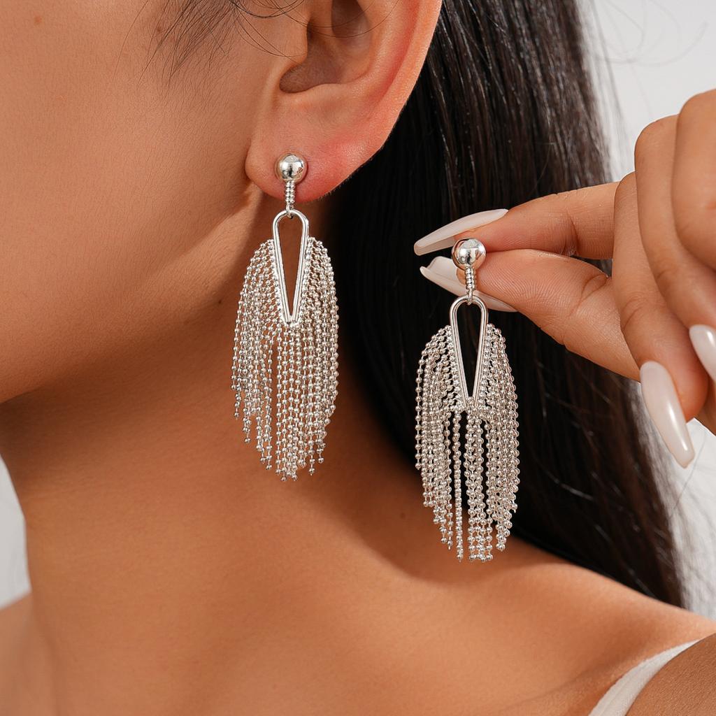 European and American hollow geometric fringed silver needle earrings retro personalized niche earrings