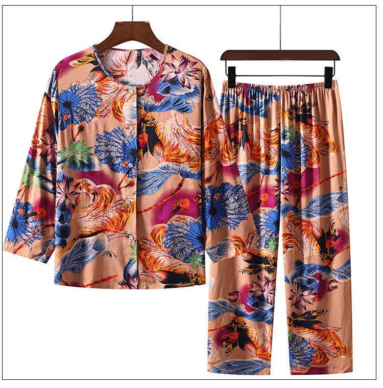Home Wear for Middle-Aged Mother Spring/Summer Long Sleeved Trouser Pajamas Set 100% Viscose Ladies Sleepwear