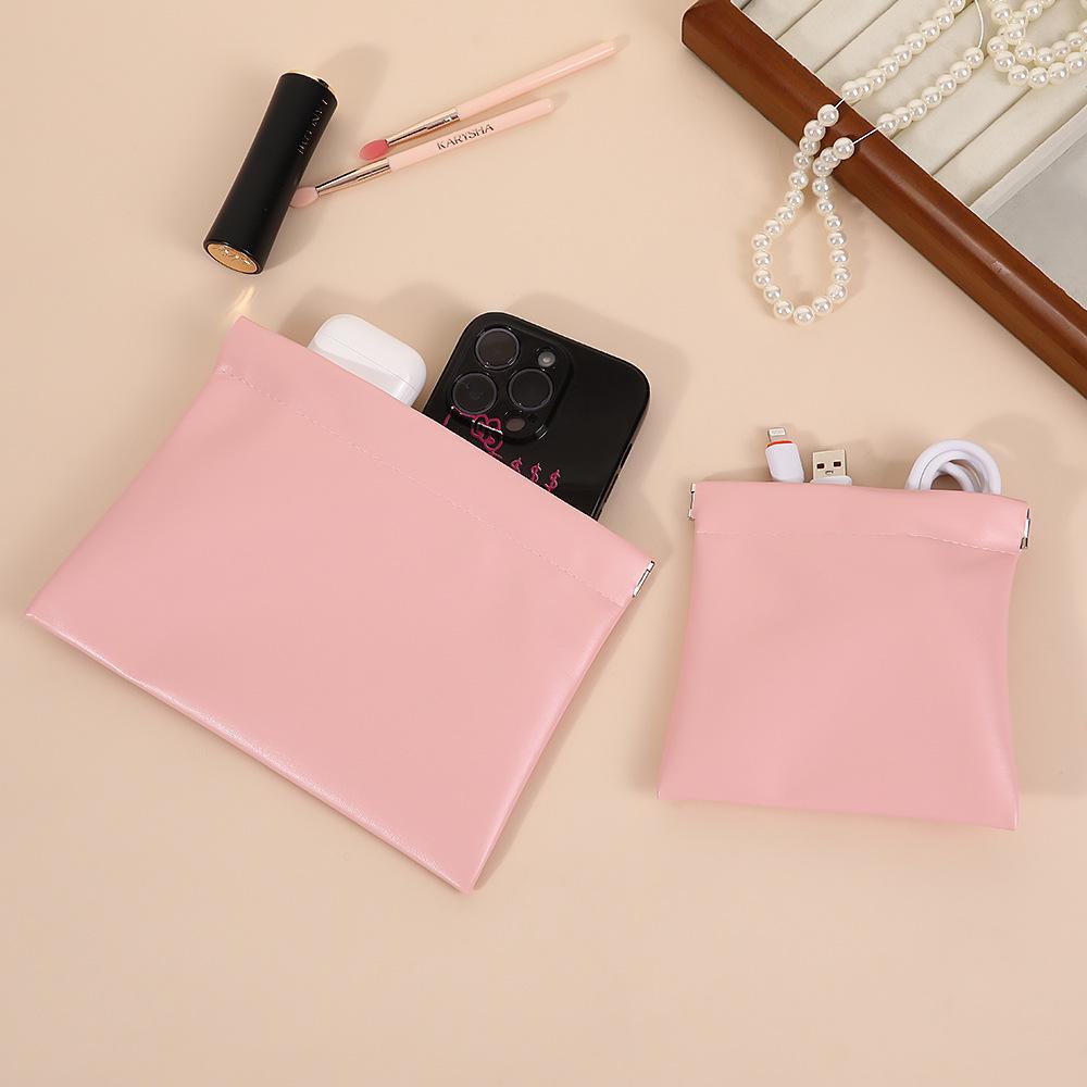 Auto-Close PU Leather Cosmetic Bag for Travel - Holds Lipstick, Earphones, Chargers, and Cables.