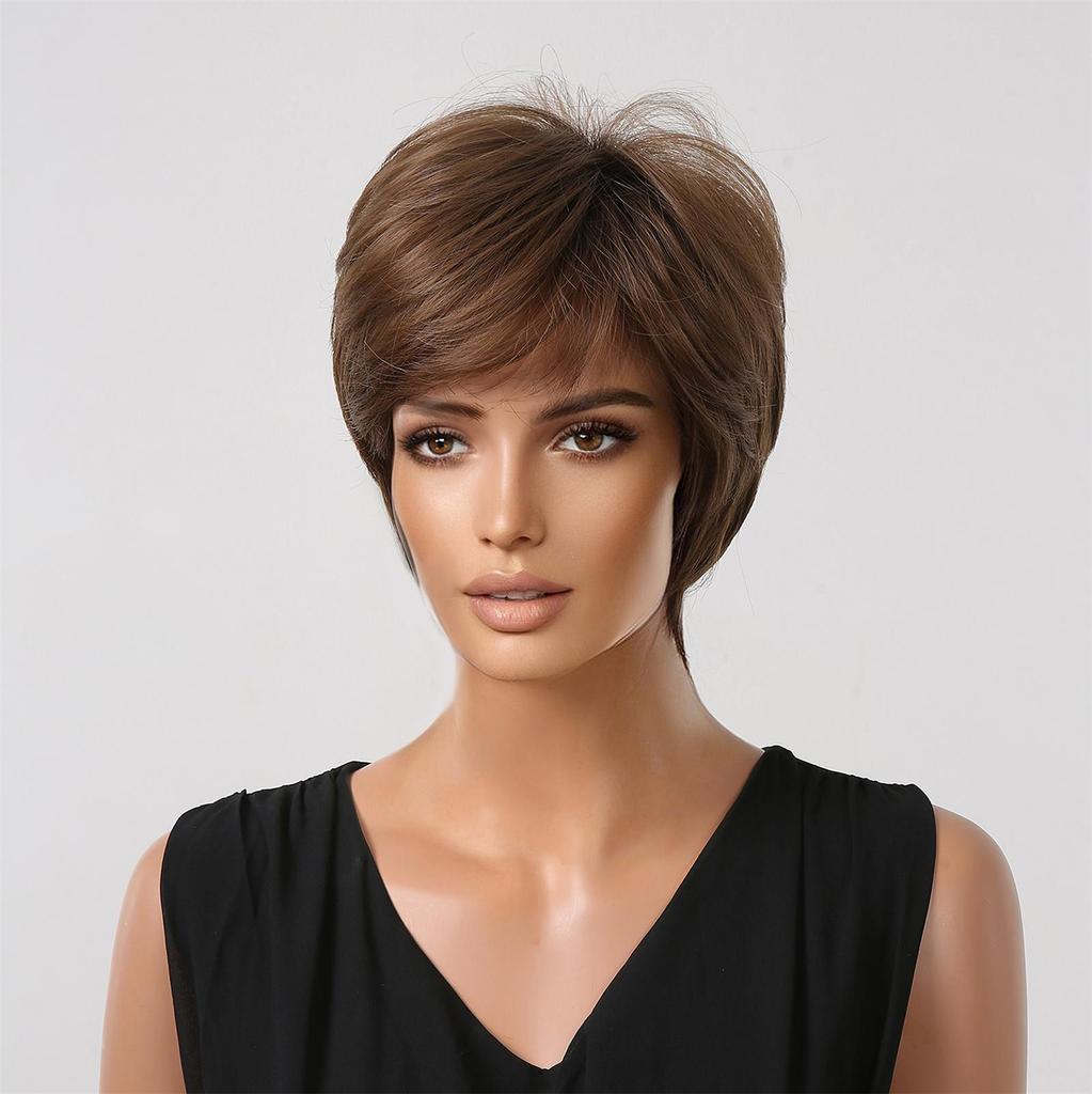 ESIN synthetische Perücken, natürliches kurzes braunes Haar, natürlicher täglicher Gebrauch, Perücke mit Pony, gewellt, Damenperücken für weiße und schwarze Frauen