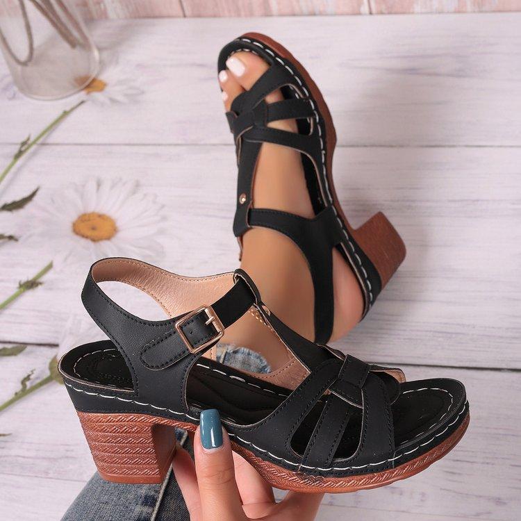 Summer New Round Head Rear Empty One-word Buckle Large Size Women's Thick High-heeled Sandals