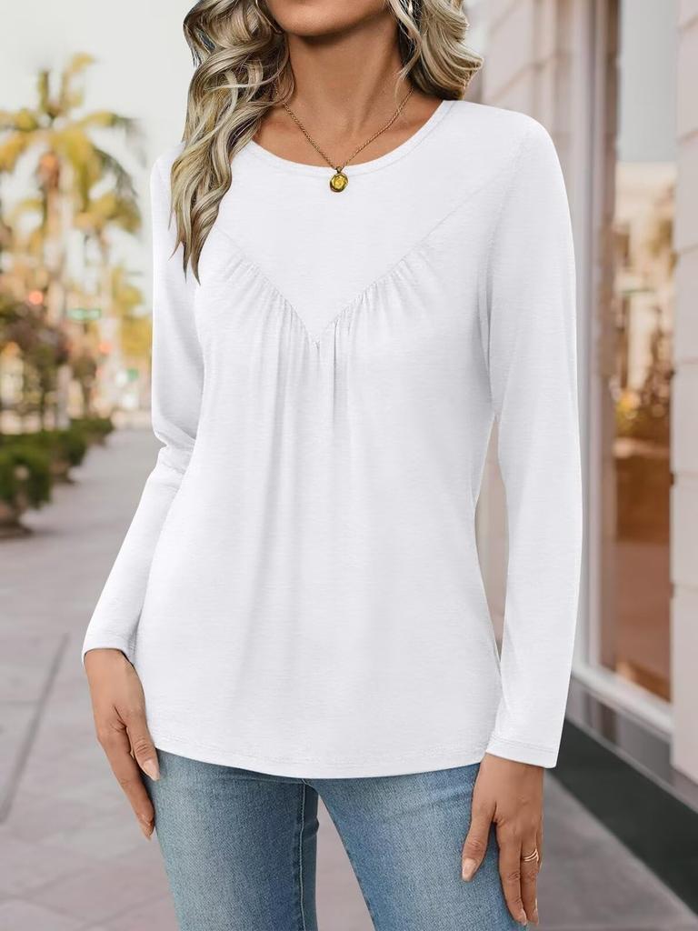 Women's T-shirt, Solid Color, Round Neck, Long Sleeve, Irregular Button, Hem Top