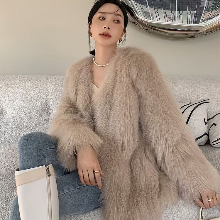 Fashion new imitation raccoon fur woven fur coat women's medium and long fur coat autumn and winter light