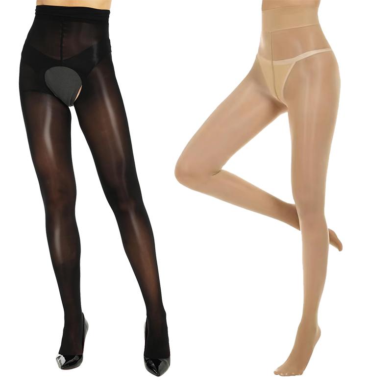Yiran Sexy Lingerie Women's Kave 2Pairs Open/Closed Crotch Plus Size Smooth Shiny Horse Oil Tights For High Waist Silk Oil Shimmer Sheer Tights Cm