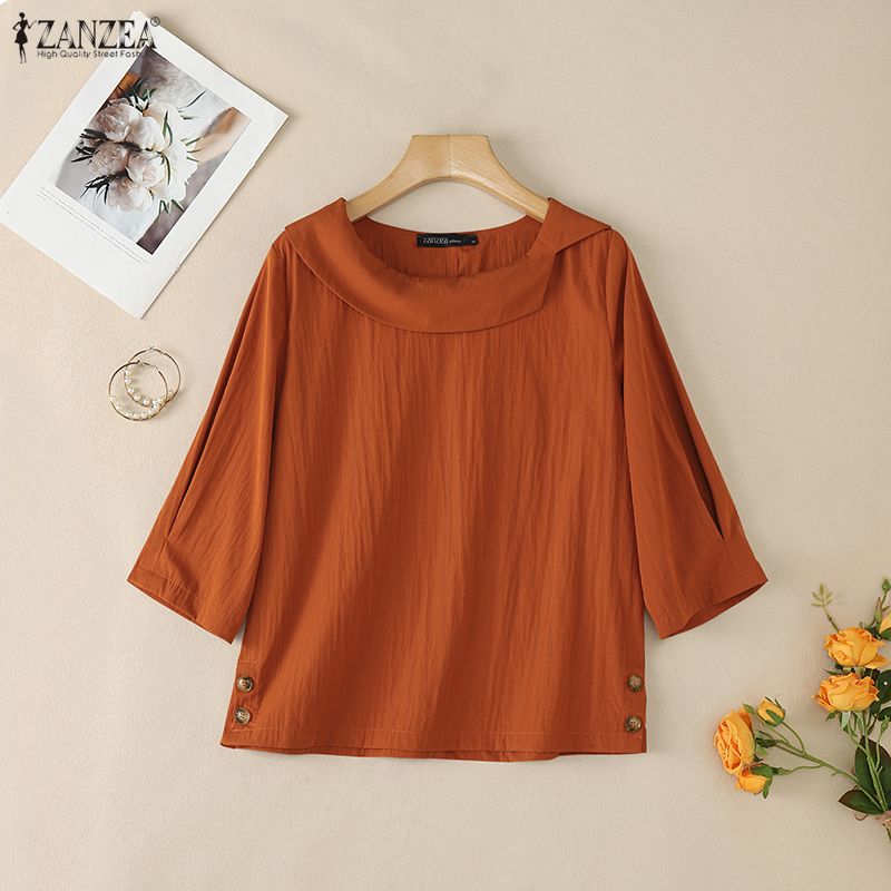 ZANZEA Women Casual Round Neck Solid Color Loose 3/4 Sleeve Blouse