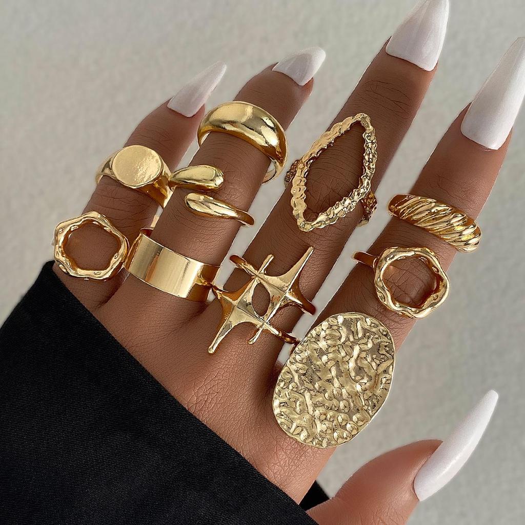 15-Piece Eco-Friendly Gold Lava Line Water Drop Ring Set