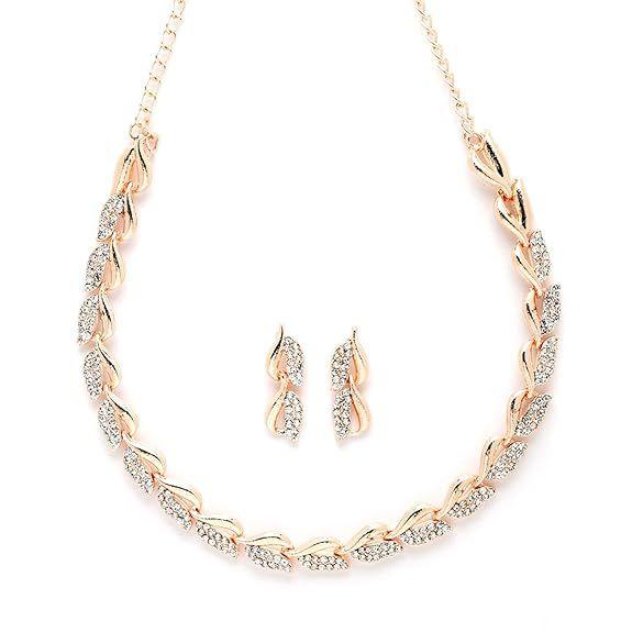 Women American Diamond Studded Intrcately Designed Leaf Shaped Necklace With Earring Jewellery Set For Women and Girl