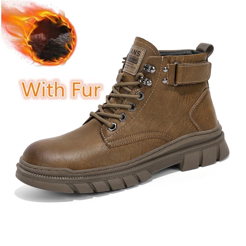 New Design Simple Men's Ankle Boots Handmade Casual Leather Biker Boot Autumn Winter High Top Shoes Plush Fur Motorcycle Botas