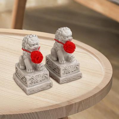 2x Fu Foo Stone Lion Statues Miniature Stone Lion Statue Chinese Feng Shui Decor for Office Table Bedroom Living Room Shelf