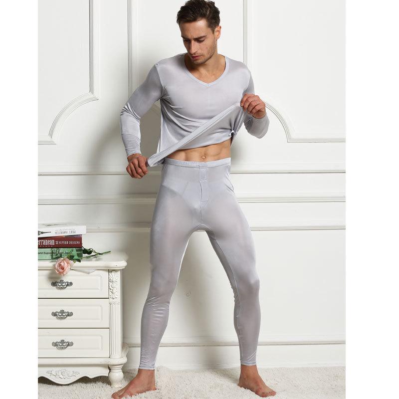 Tangge Set Intimo Termico da Uomo in Maglia di Seta di Gelso a Doppio Lato - Tinta Unita per l'Autunno