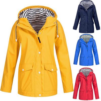 Women Solid Color Stripe Outdoor Windproof Waterproof Hooded Raincoat Rain Jacket