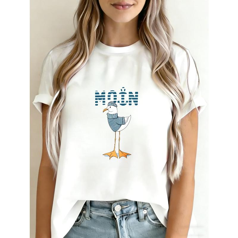 

White T-Shirt With Seagull And Moan Text Print For Casual Wear XXXXL білий