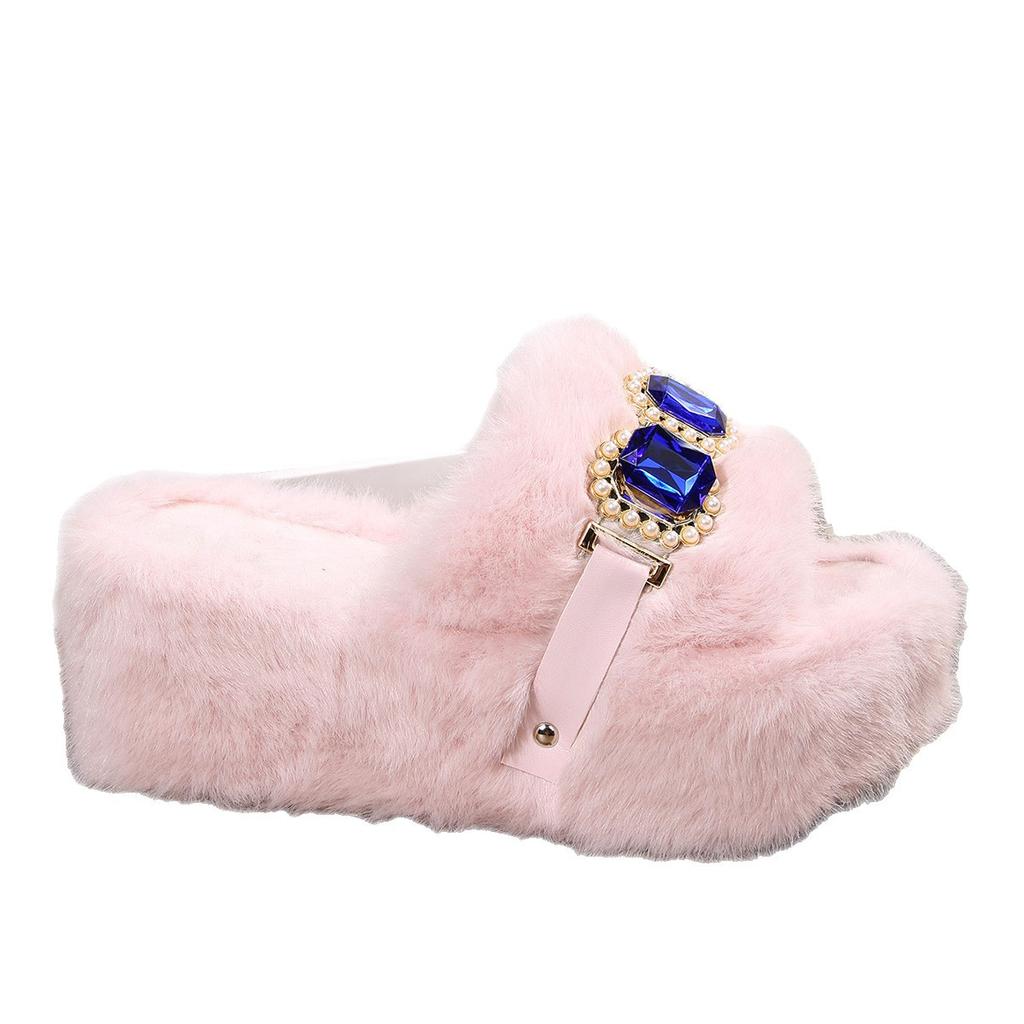 Winter Fashion Warm Short Plush Comfortable Slip On Rhinestone Platform House Slippers Casual Plus Size Shoes for Women 35-43