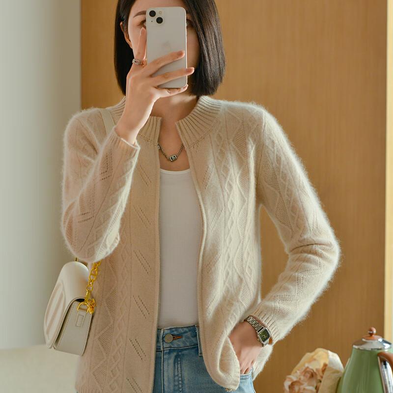 Fanzhen Women's 100% Wool Thick Knit Stand Collar Cardigan