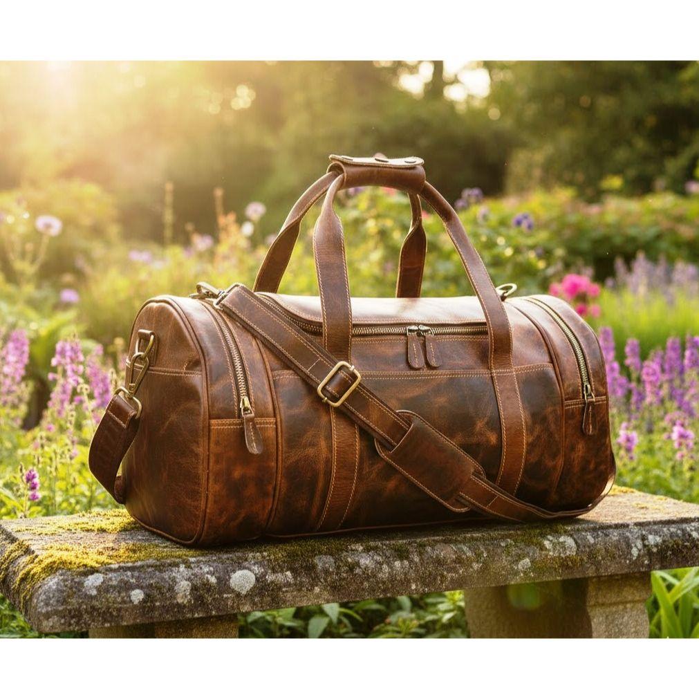 Textured Buffalo Leather Round Duffel Bag, Overnight Weekender Bag, Buffalo Travel Bag For Men & Women, Personalized Leather Overnight Bag