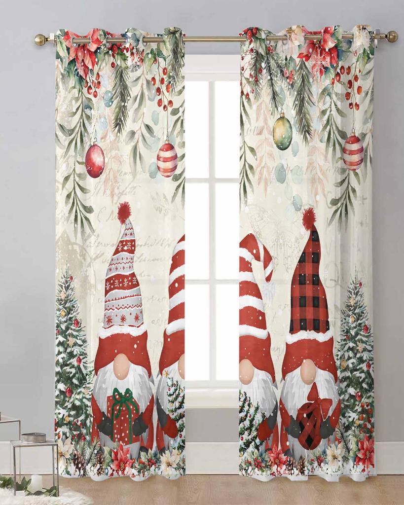 Christmas Ball Dwarf Poinsettia Christmas Tree Sheer Curtains Bedroom Decoration Window Curtains Kitchen Tulle Voile Curtains