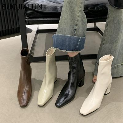Fashion SUOJIALUN 2024 Winter New Brand Women Ankle Boots Fashion Square High Heel Ladies Elegant Dress Short Boot Round Toe Pumps Shoes