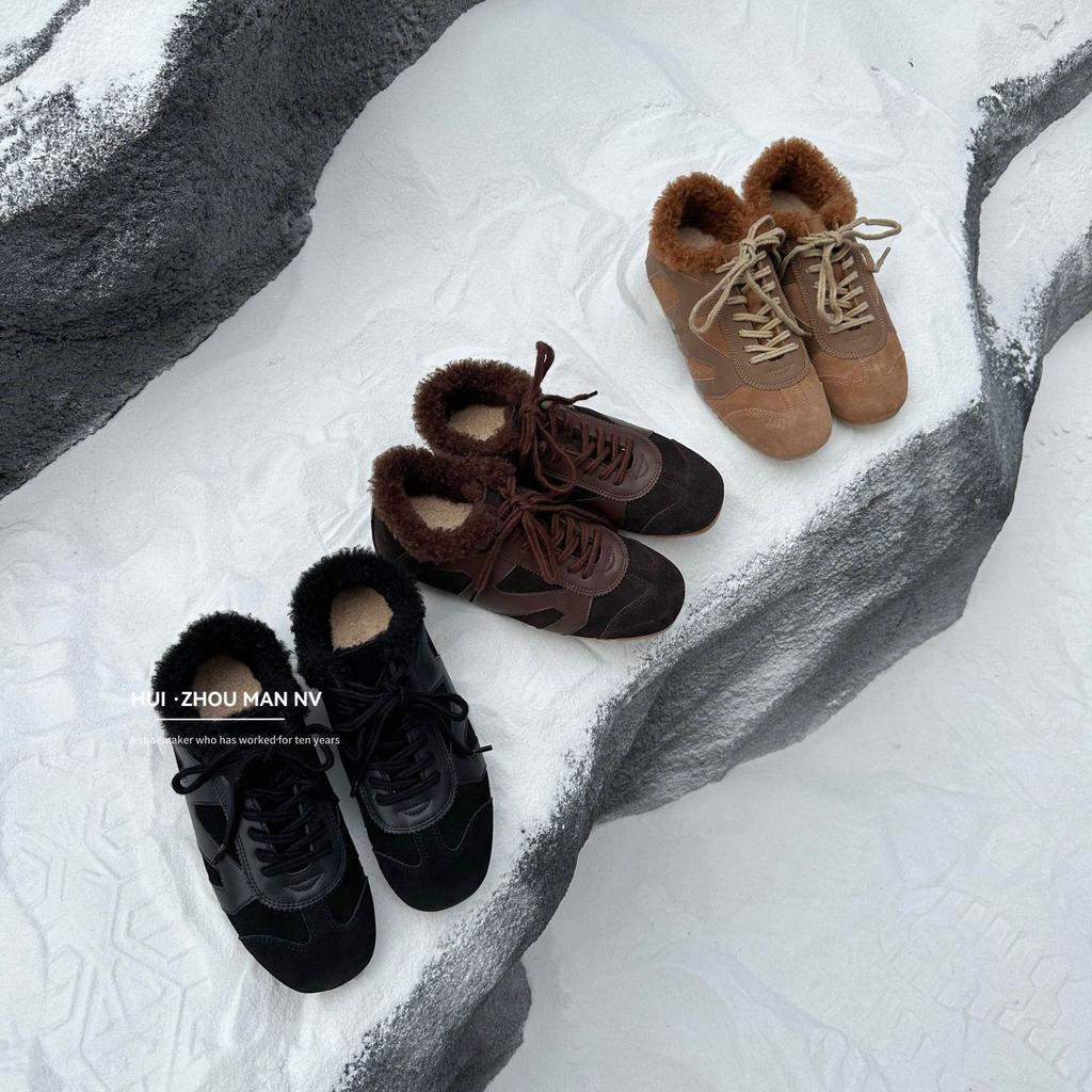 Cowhide Version~ Genuine Leather Retro Versatile Splicing German Training Shoes Women's Velvet Warm Casual Sports Shoes Heightening Forrest Gump Shoes