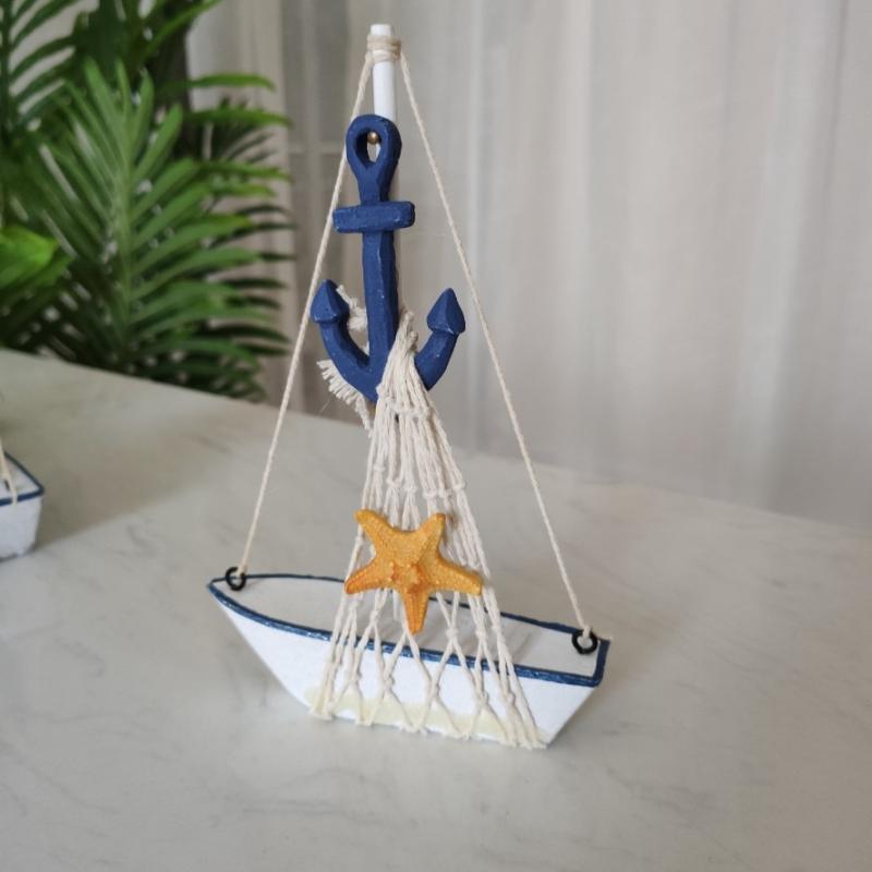 1PC Mini Wooden Sailboat Decorative Ropes and Anchors,Mediterranean-style Commemorative Gift for The Owner's Home Office Desktop