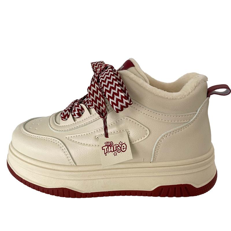 

B1628 winter velvet high-top little white shoes women s shoes warm 2024 new versatile round head platform cotton shoes board shoes 40 бежевий