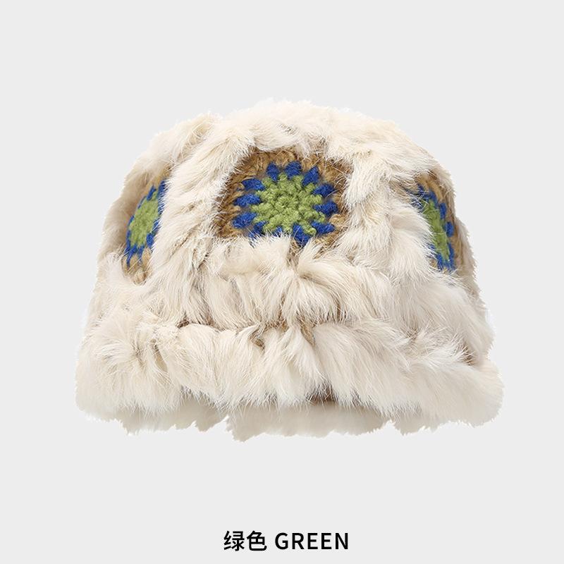 New rabbit fur lion hat women's autumn and winter cute warm plush bucket hat versatile face small handmade bucket basin hat