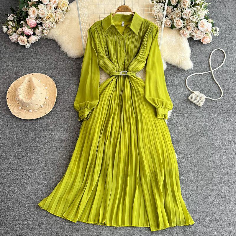 

Chic Elegant Lapel A- line Pleated Large Swing Dress Green All yards