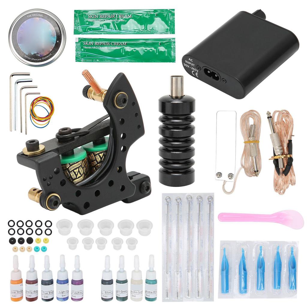 Complete Tattoo Kit Professional Tattoo Starter Kit Coil Machine 10 Ink Grommet Tattoo Supplies for