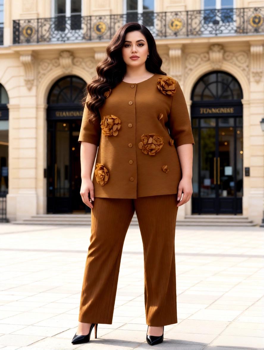 

Miyake Pleats Plus Size Floral Two-Piece Set: Loose Fashionable Pants & Top One Size (45-100kg) кофейный