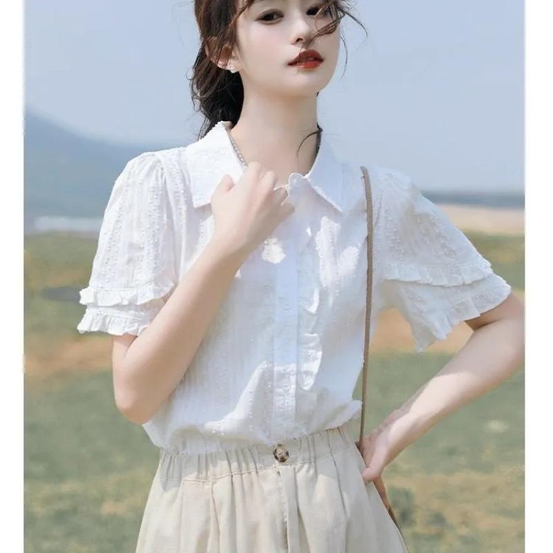 

Women s White Ruffle Short Sleeve Shirt Textured Fabric Casual Lapel Blouse S білий