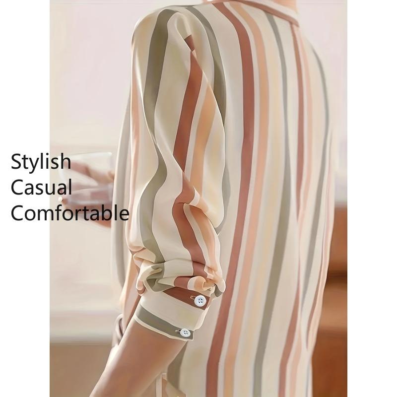 Women's Fashion Casual Spring Fall Stripe Print Long Sleeve POLO Neck Blouses & Shirts