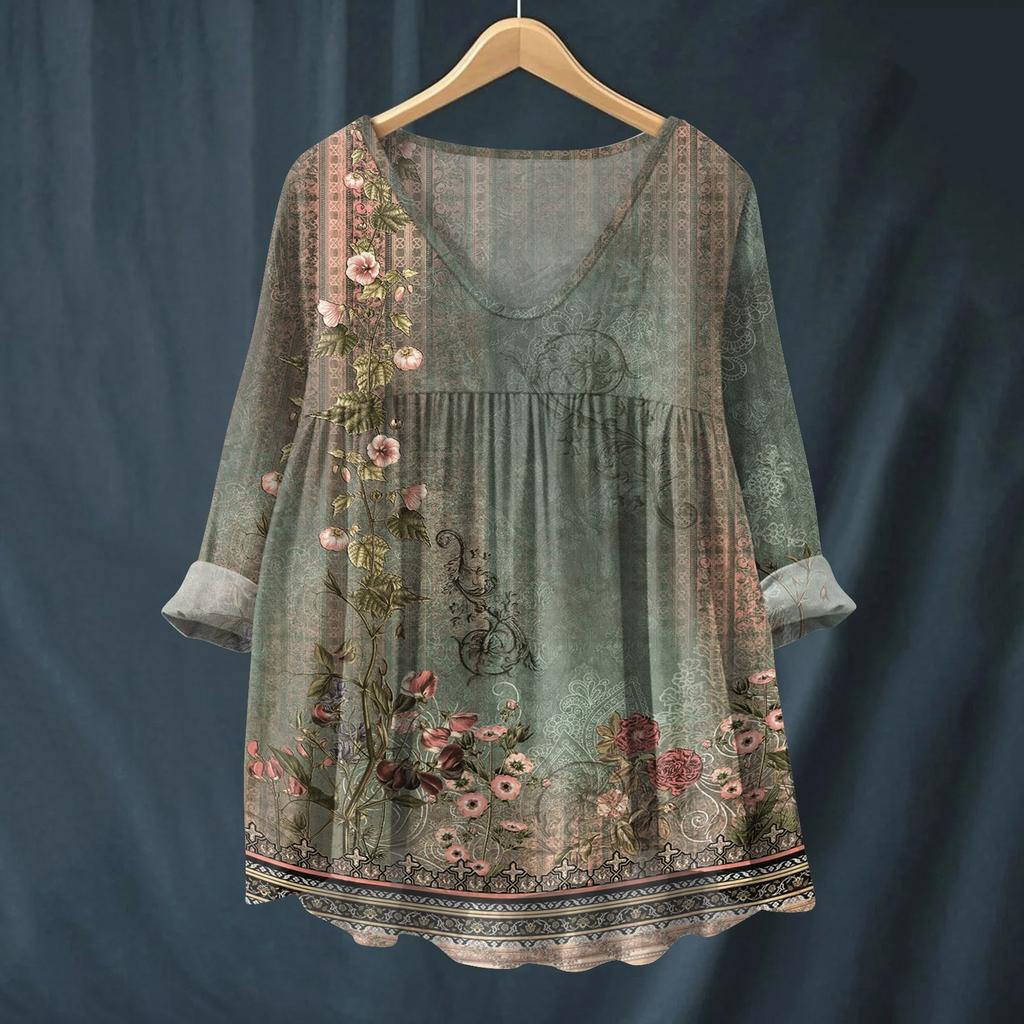 Damen Modisches Und Lässiges Hemd Langärmlig V-Ausschnitt Druck Baumwolle Und Leinen Bluse