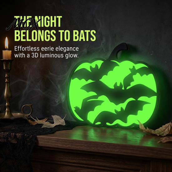 Indoor Halloween Atmosphere Lighting Glow-in-The-Dark Pumpkin, Spooky Wooden Pumpkin Ornament, Black Cats Luminous Ornament Bats Ghosts Silhouette